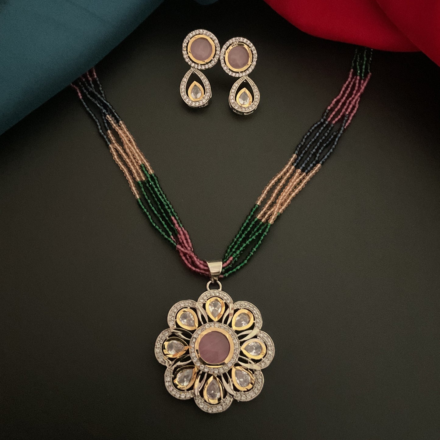 Reina silver micro plated polki pendant with earrings and multi 5 layer hydro mala