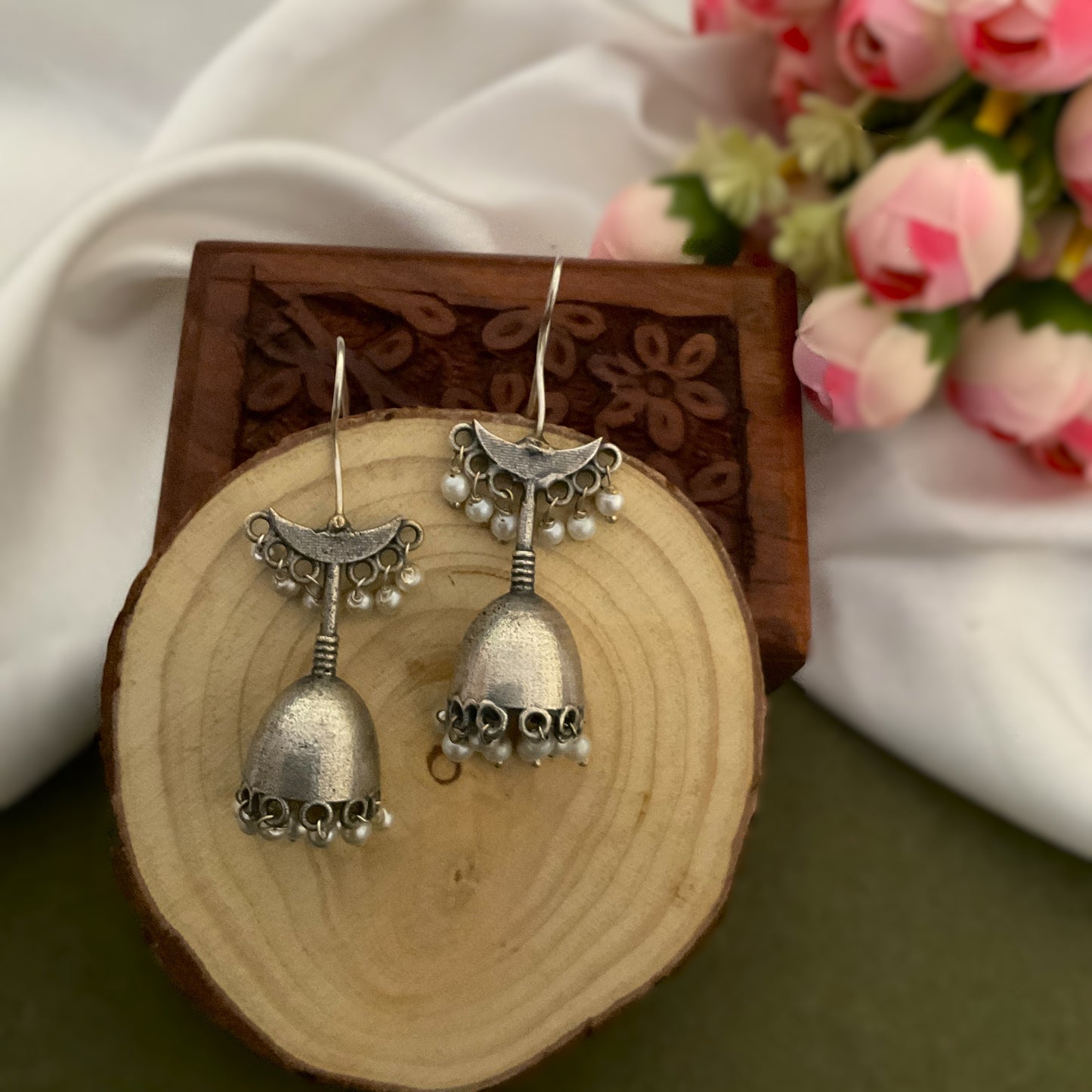 Mohati bell shaped silver plated jhumkis with pearls