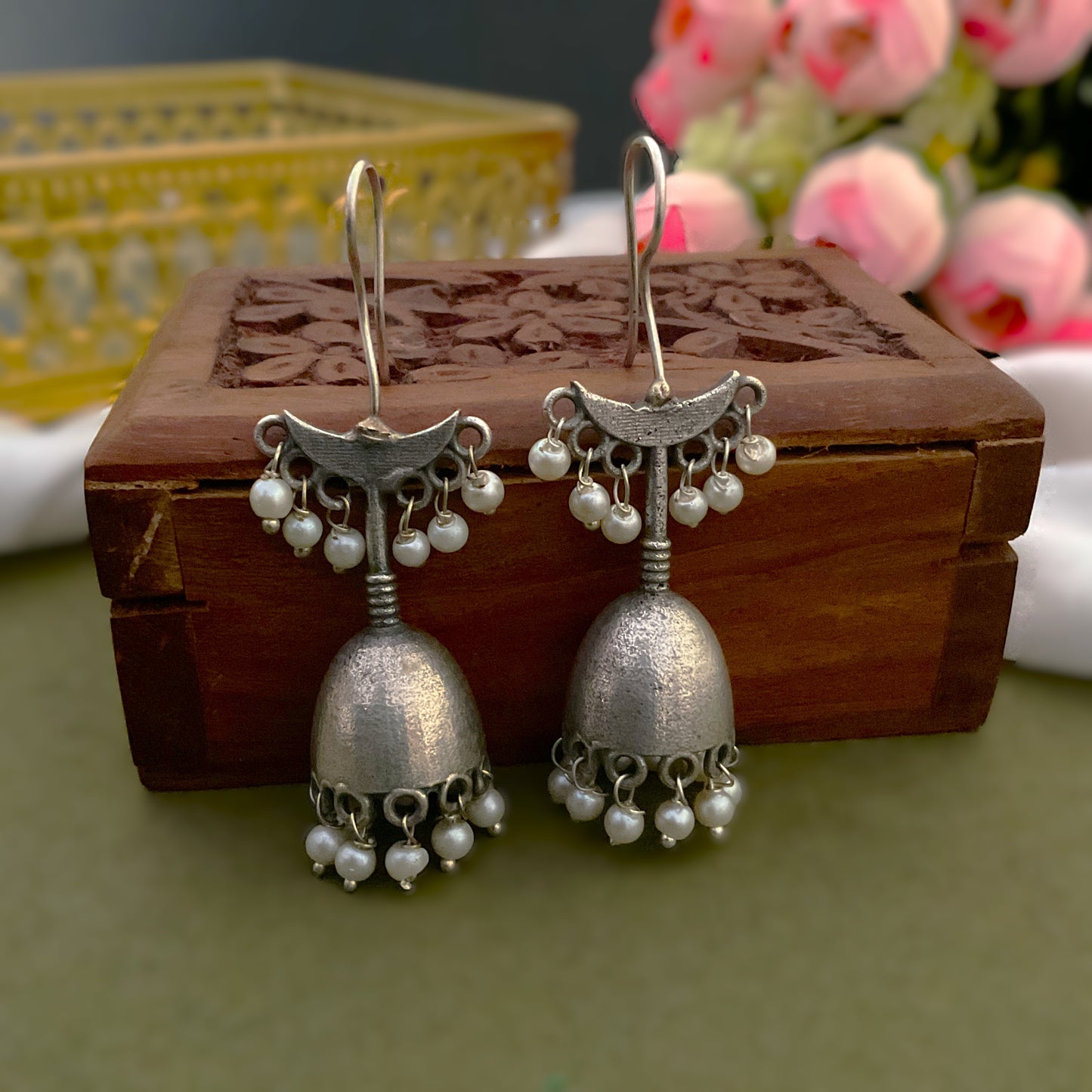 Mohati bell shaped silver plated jhumkis with pearls