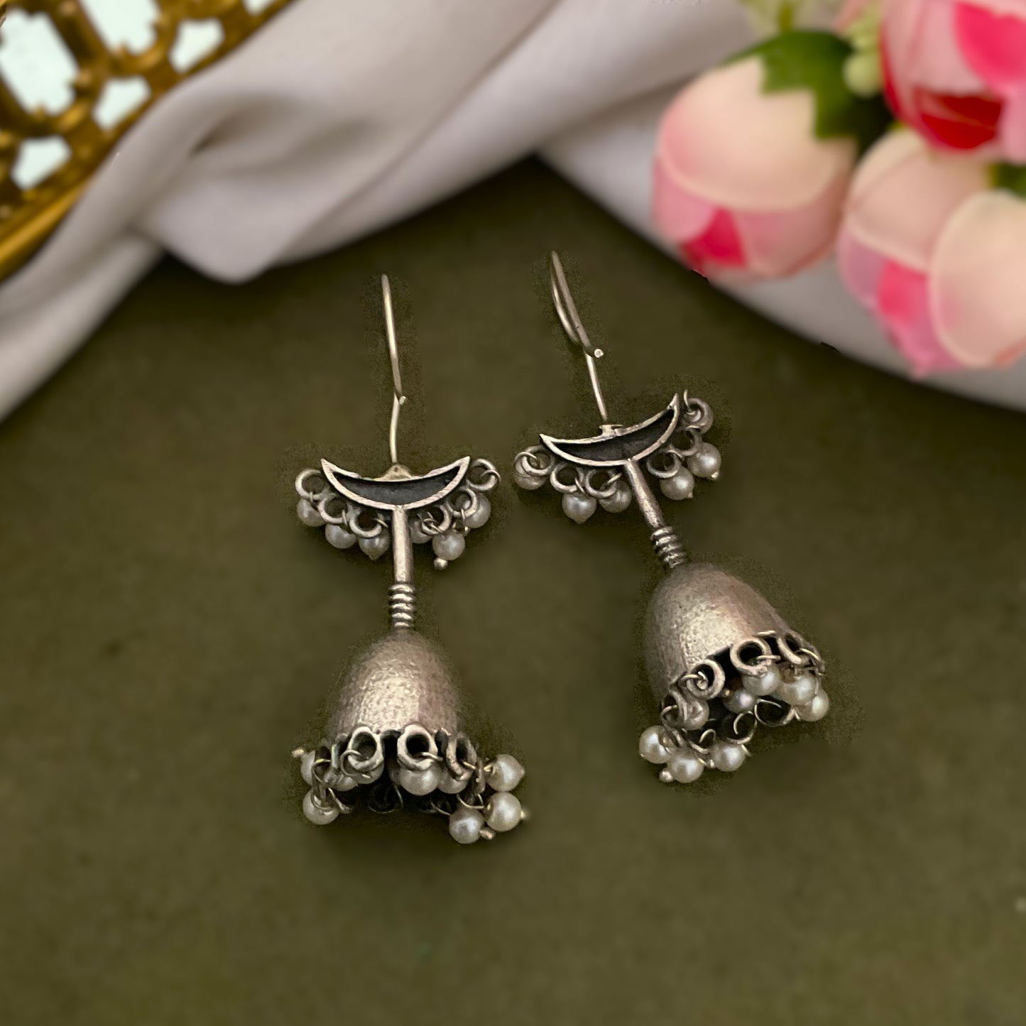 Mohati bell shaped silver plated jhumkis with pearls
