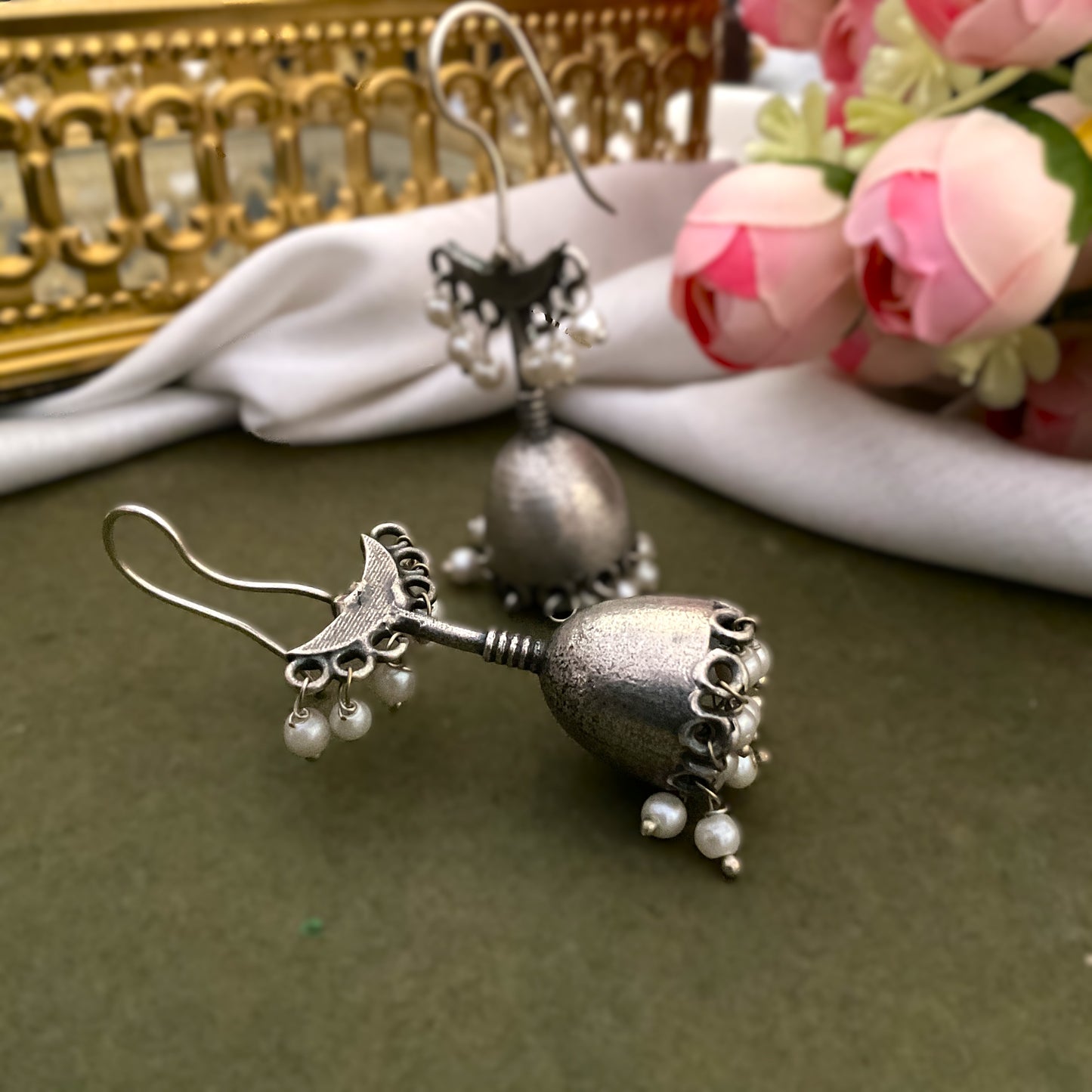 Mohati bell shaped silver plated jhumkis with pearls