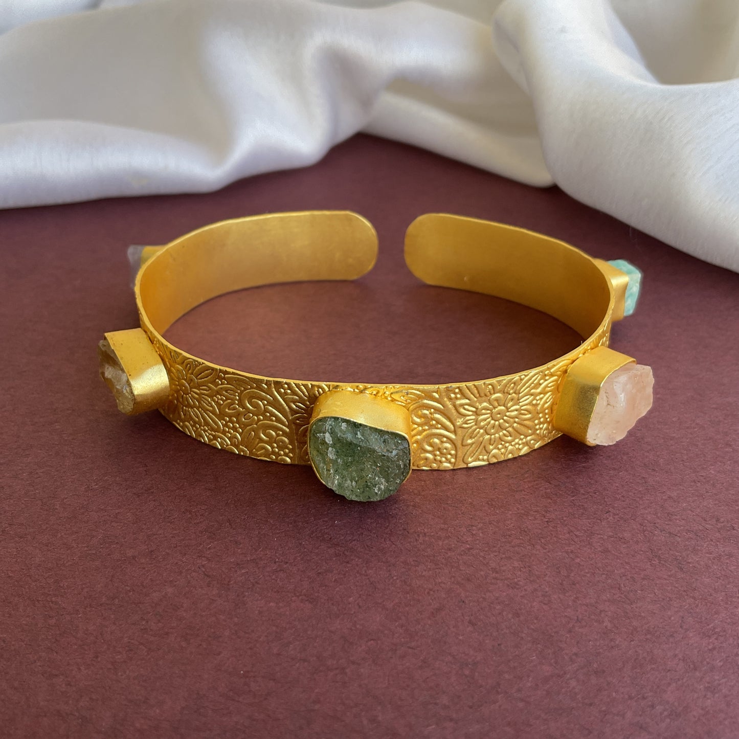 cristina 5 semiprecious raw stone carved gold plated hand cuff