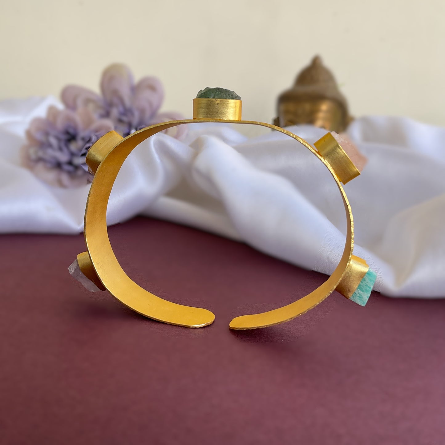 cristina 5 semiprecious raw stone carved gold plated hand cuff