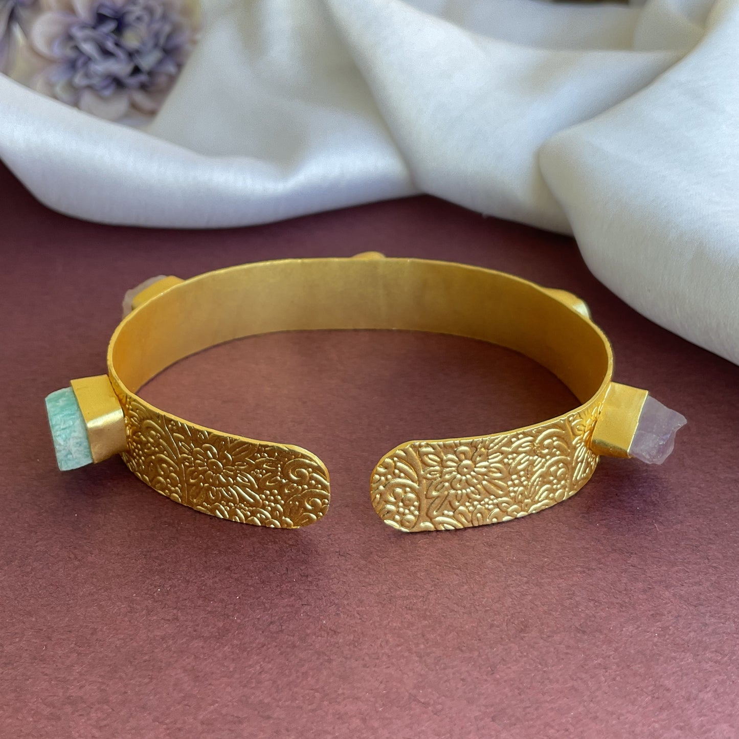 cristina 5 semiprecious raw stone carved gold plated hand cuff