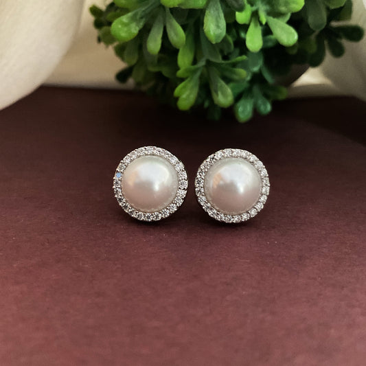 Mohati Jaipur Geetika Pearl AD Silver Plated Stud Earrings for Women
