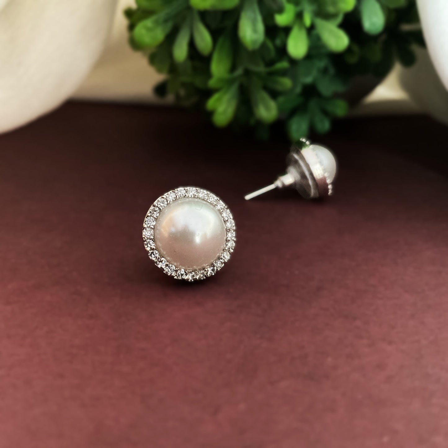 Mohati Jaipur Geetika Pearl AD Silver Plated Stud Earrings for Women