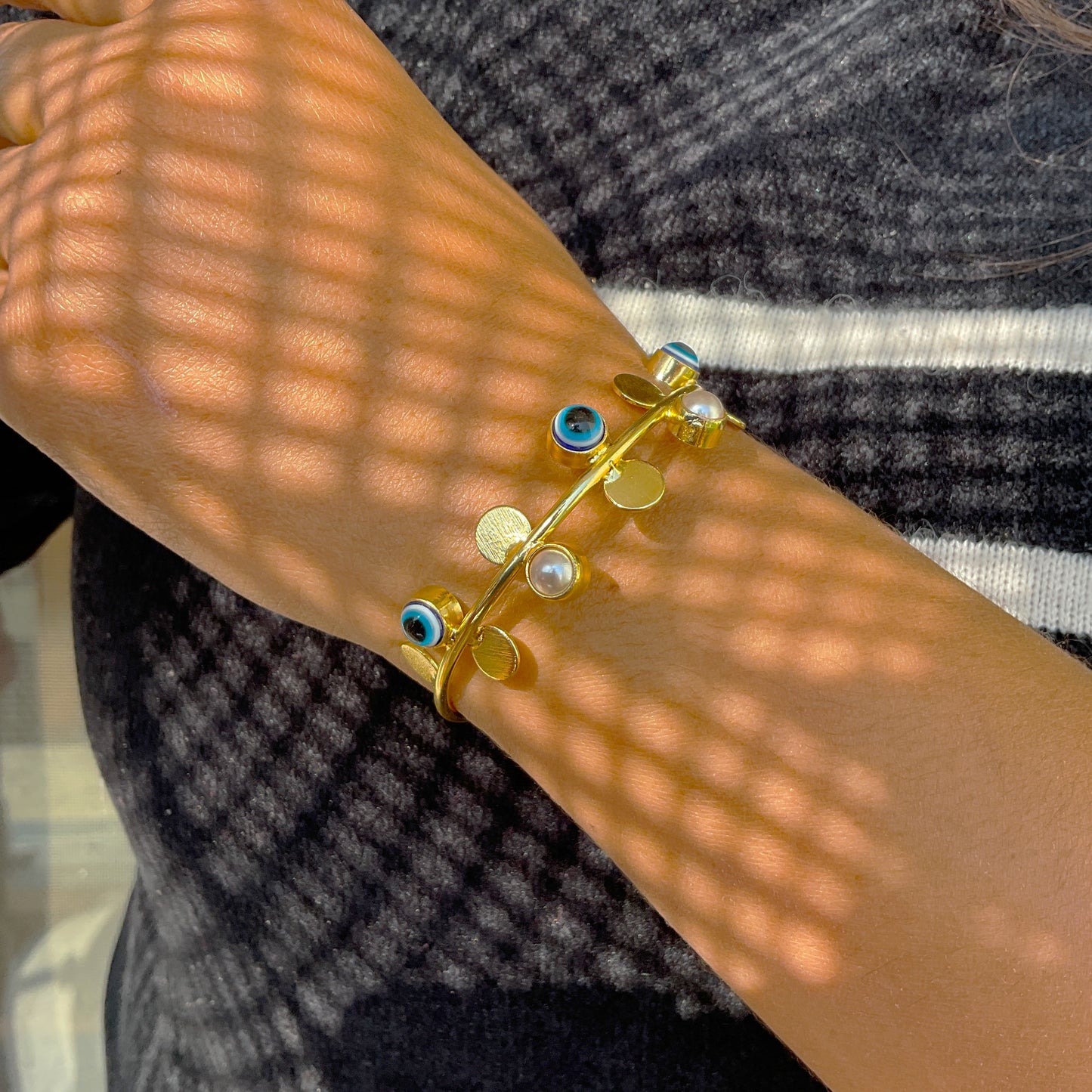 Irene evil eye pearl gold plated adjustable hand kada bracelet