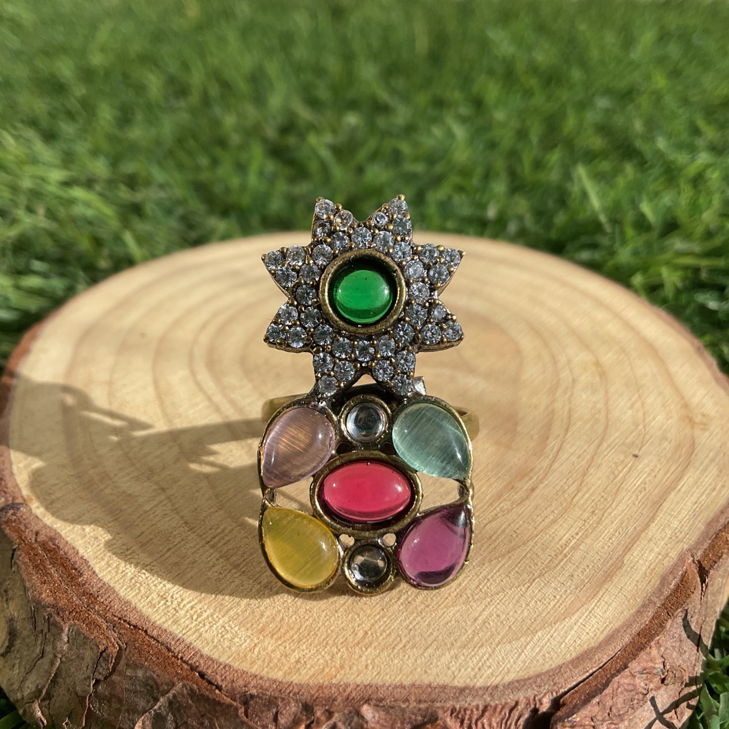 Yashaswi apala microplated multicolour navratna star finger ring for women