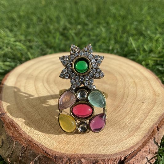 Yashaswi apala microplated multicolour navratna star finger ring for women
