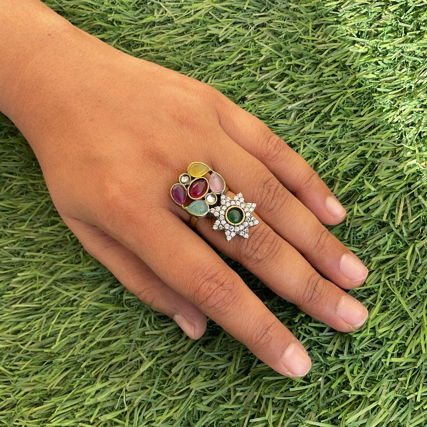 Yashaswi apala microplated multicolour navratna star finger ring for women