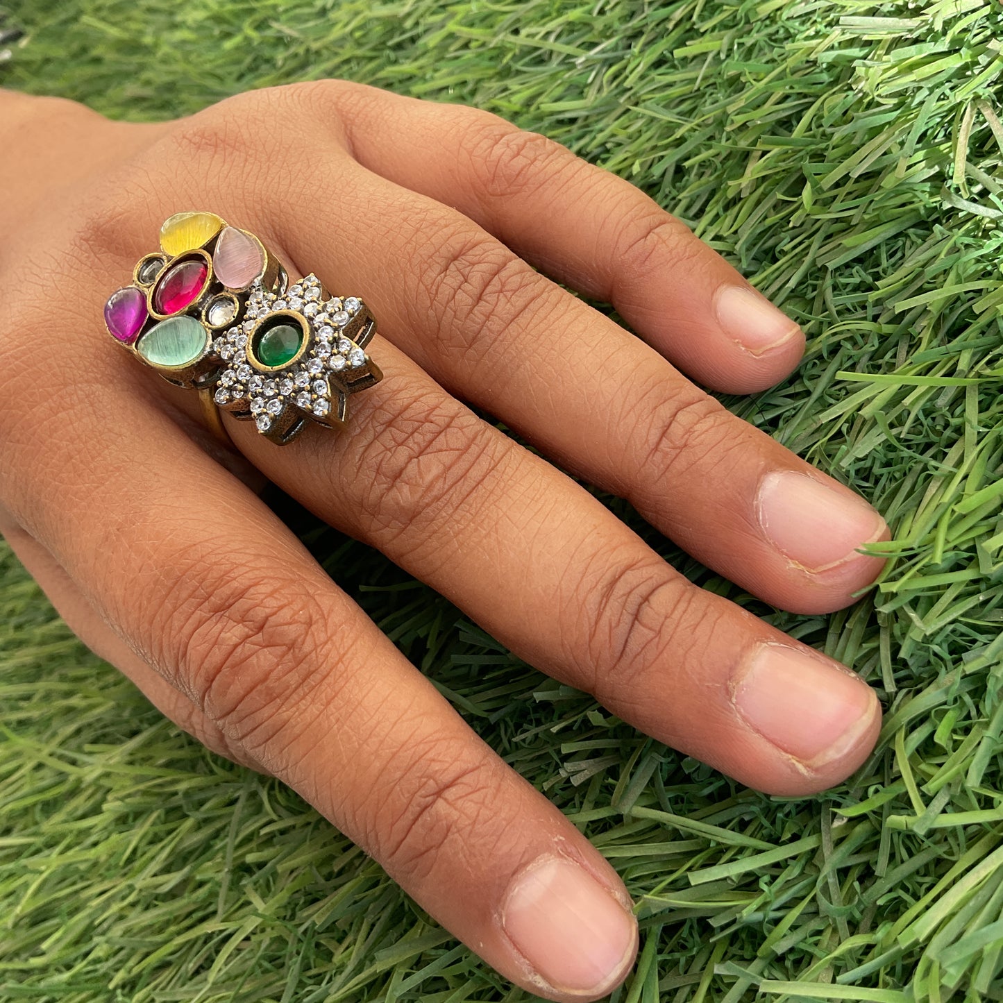 Yashaswi apala microplated multicolour navratna star finger ring for women