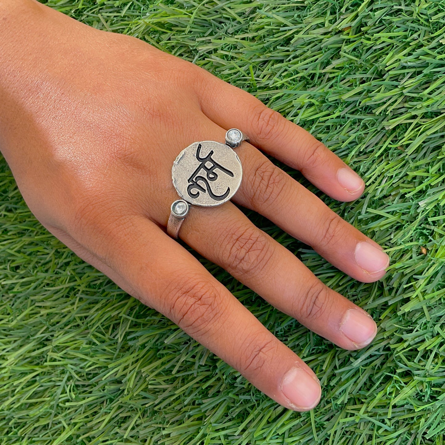 Karma silver plated two finger ring