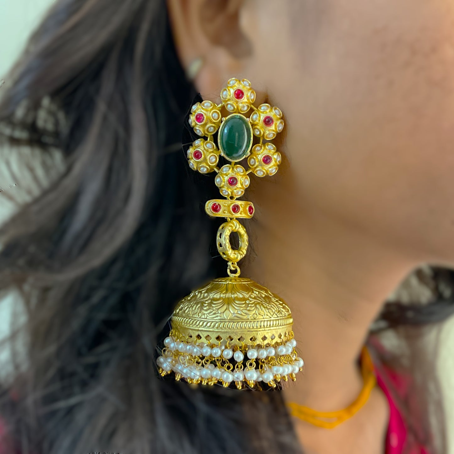 Kanthee green chittaai gold plated big jhumkas