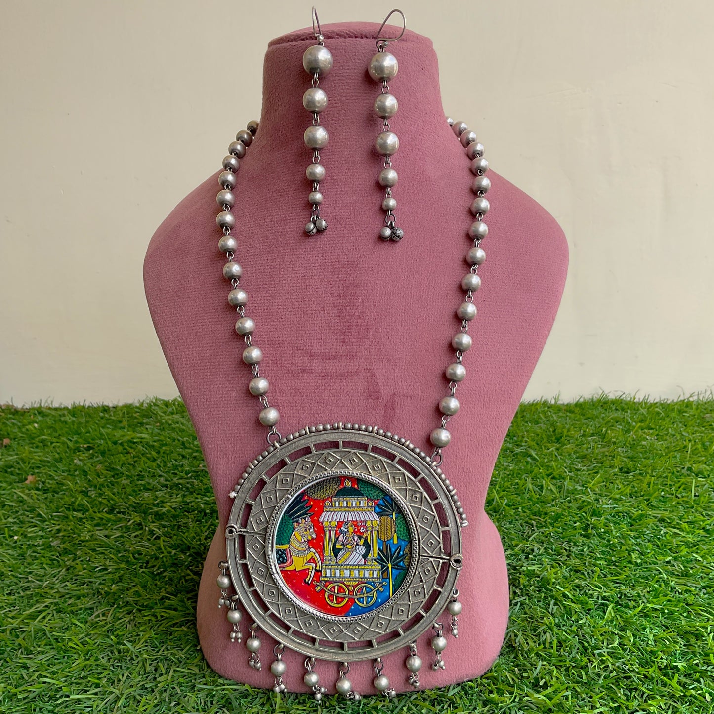 Mehrunisa doli painted silver plated ball chain necklace set for women