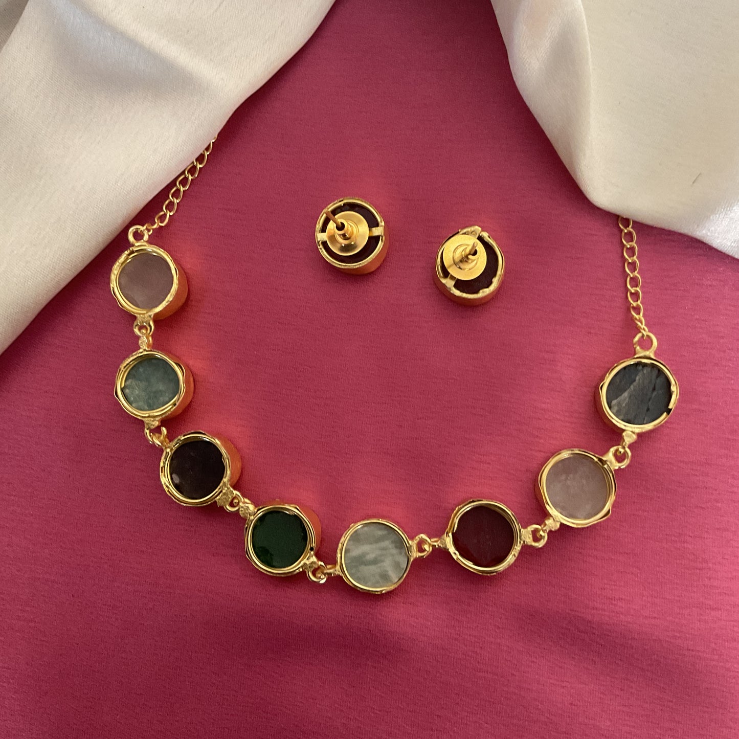 Seirra gold plated multicolored semiprecious stone choker cum necklace set with studs