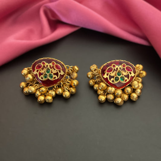Maahita red monalisa stone ghungroo gold plated stud earring