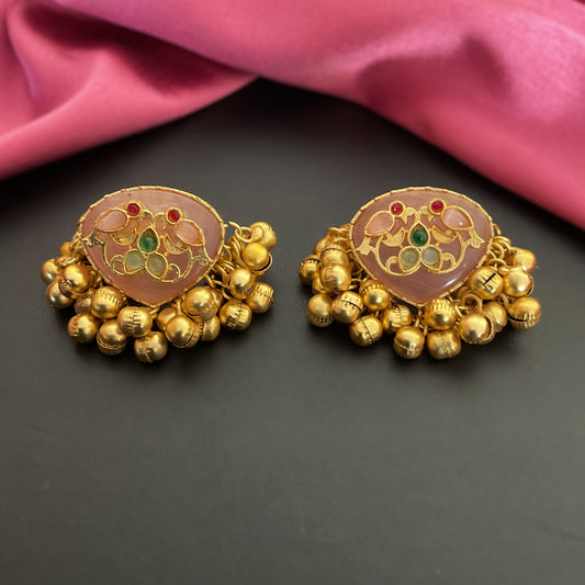 Maahita pink monalisa stone ghungroo gold plated stud earring