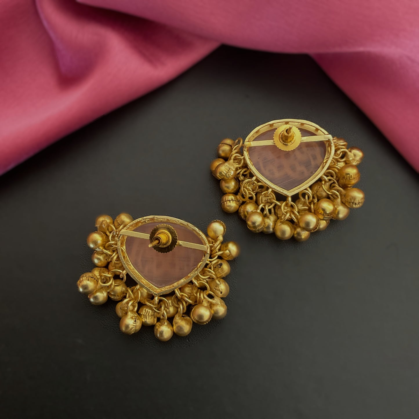 Maahita pink monalisa stone ghungroo gold plated stud earring