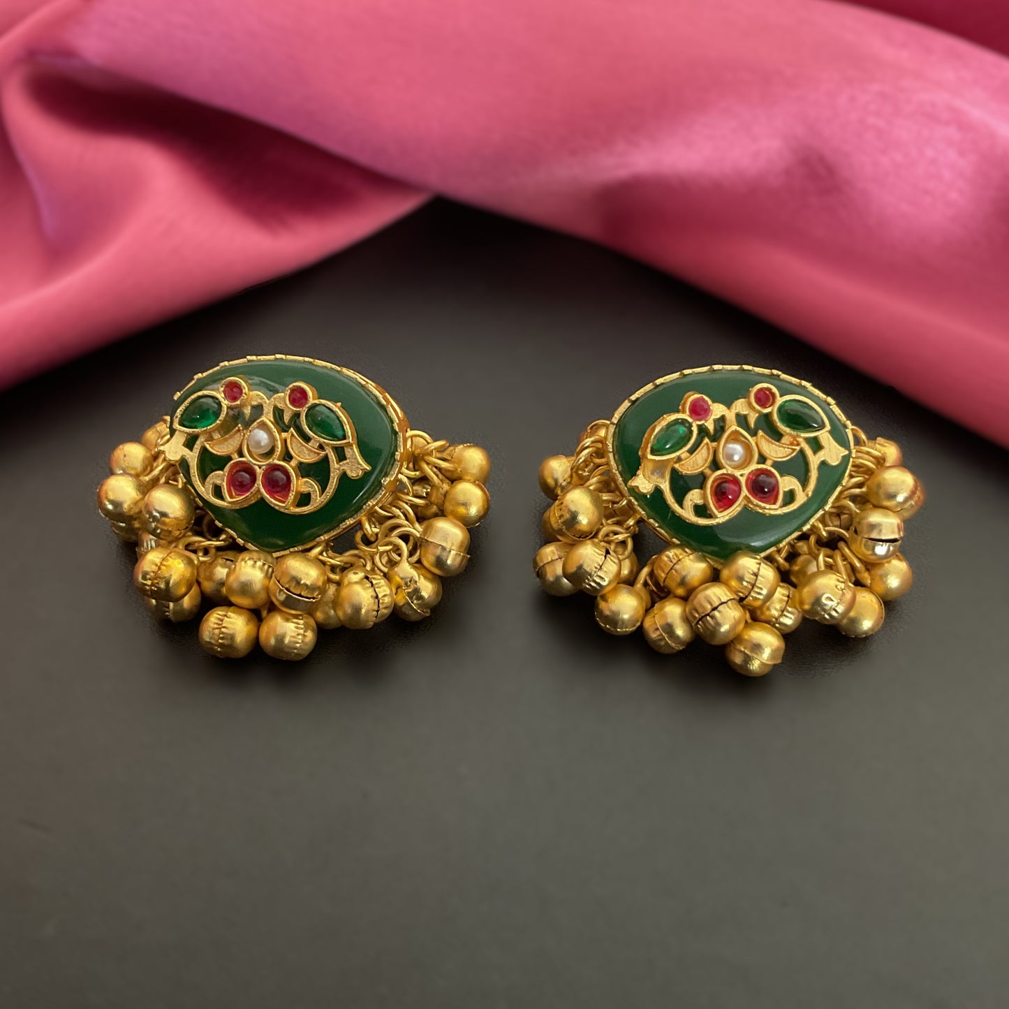 Maahita green monalisa stone ghungroo gold plated stud earring