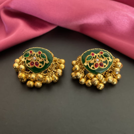 Maahita green monalisa stone ghungroo gold plated stud earring