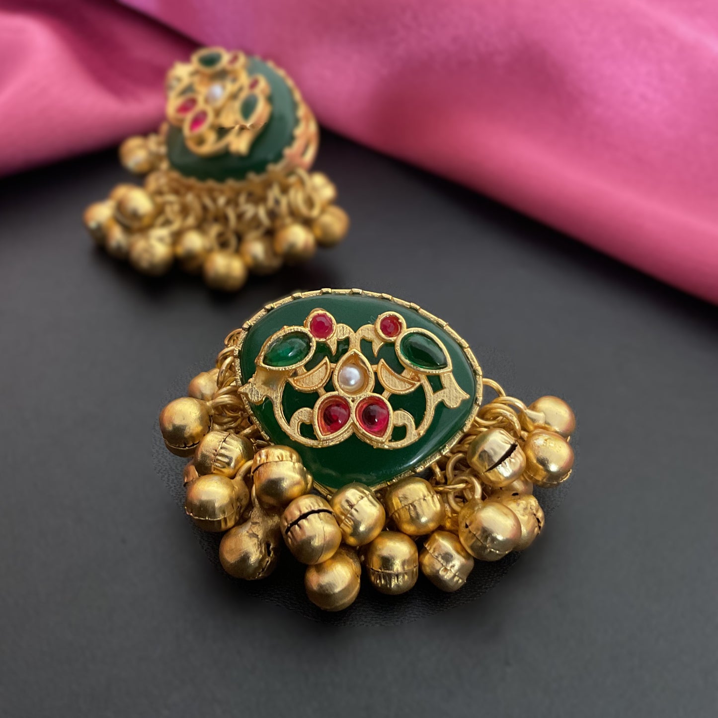 Maahita green monalisa stone ghungroo gold plated stud earring