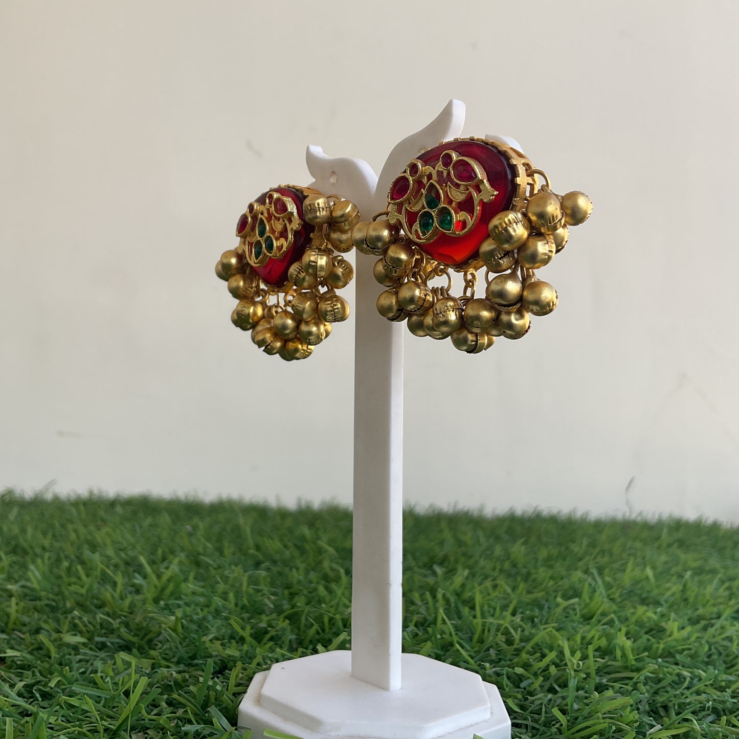 Maahita red monalisa stone ghungroo gold plated stud earring
