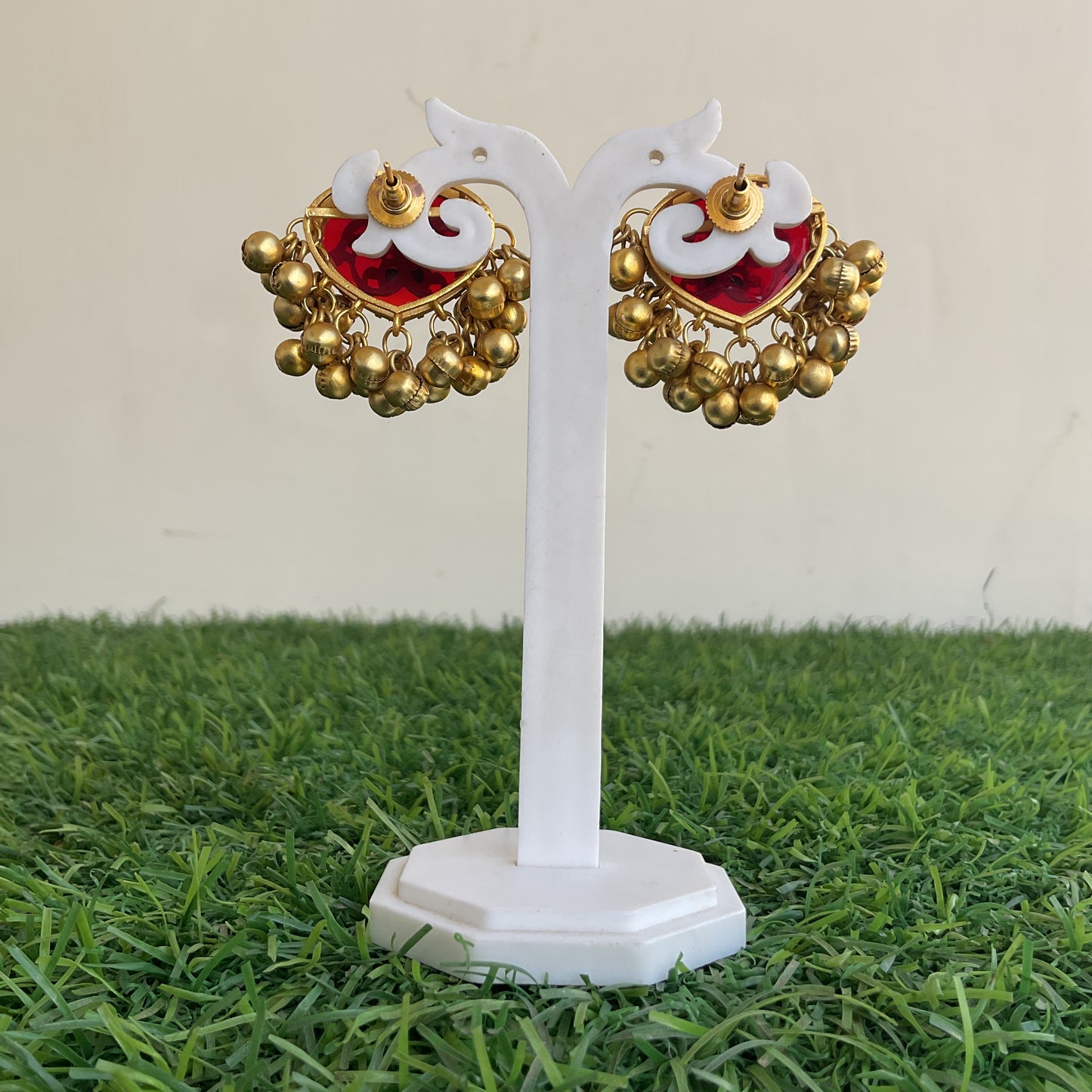 Maahita red monalisa stone ghungroo gold plated stud earring