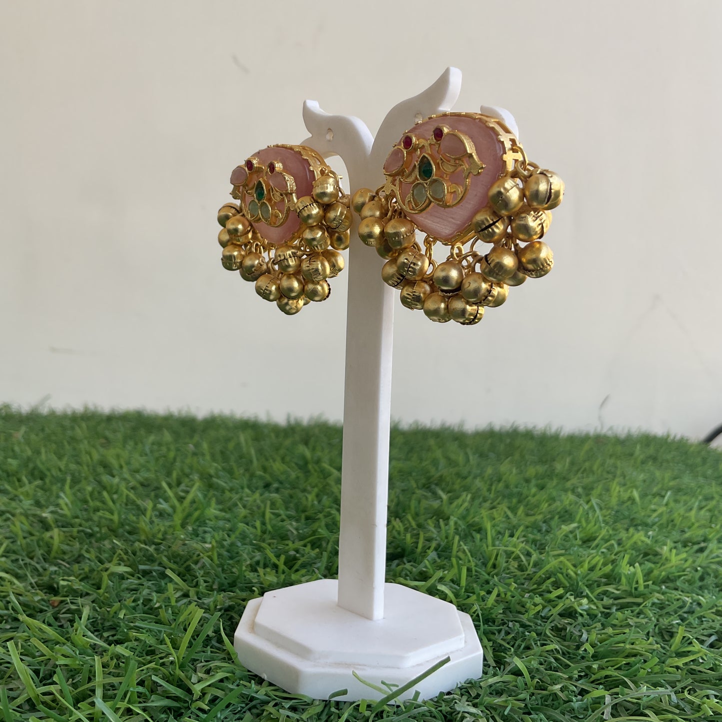 Maahita pink monalisa stone ghungroo gold plated stud earring