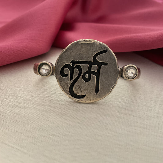 Karma silver plated two finger ring