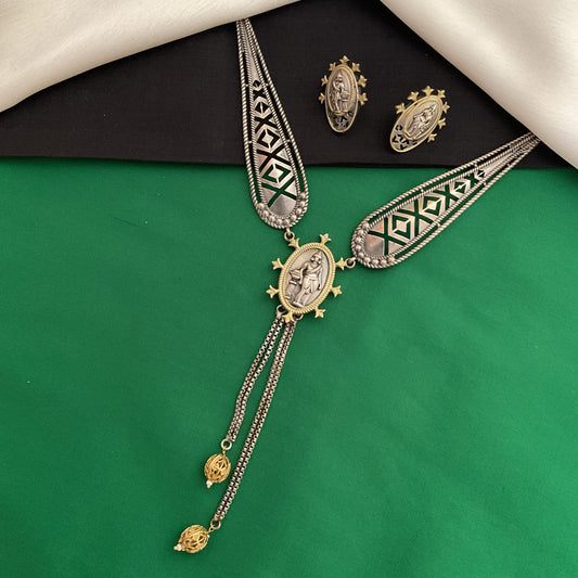 Laxmi dual toned silver plated designer necklace set with ring