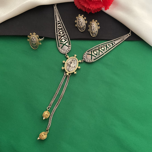 Laxmi dual toned silver plated designer necklace set with ring