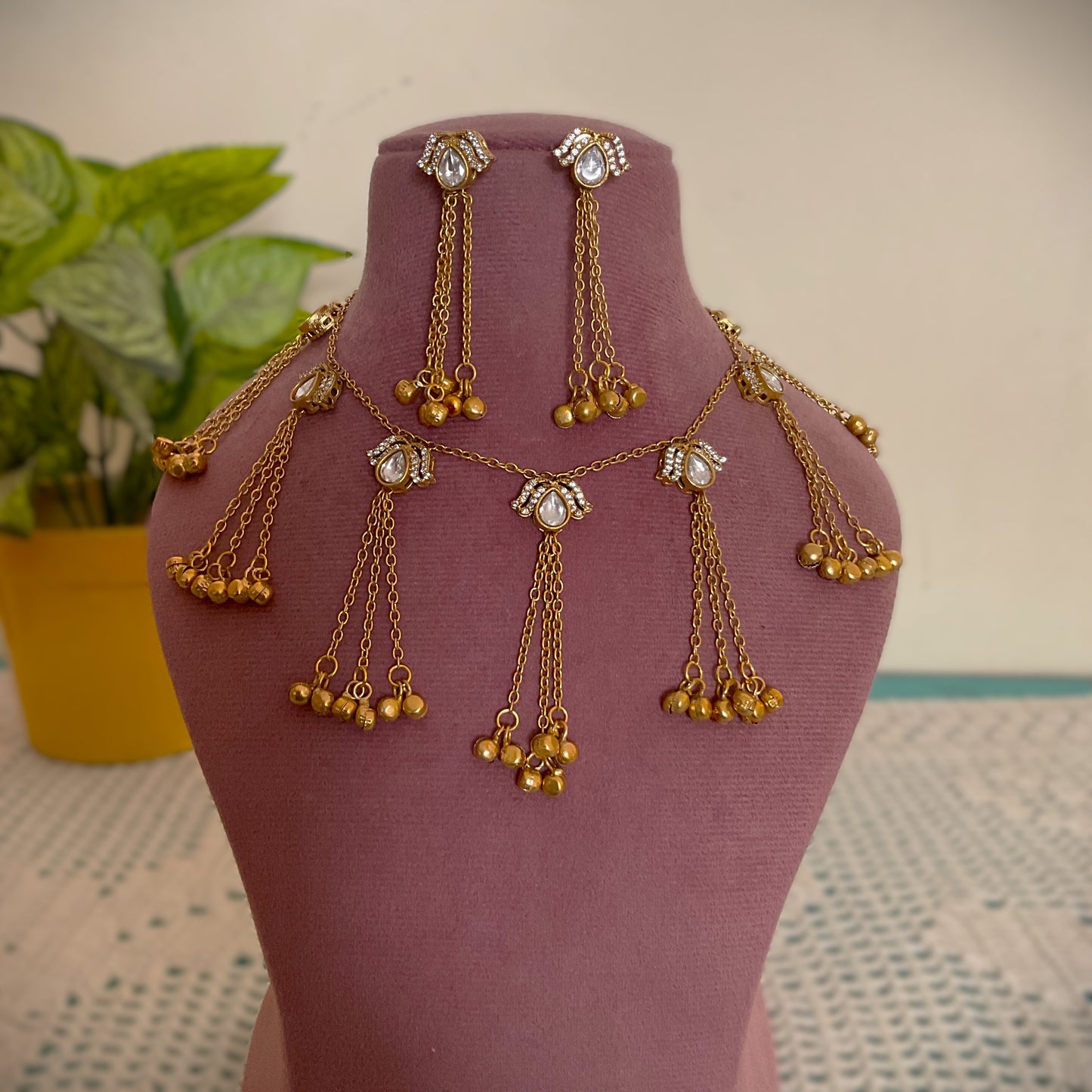 Gomathy apala polish moissanite ghungroo chain necklace set