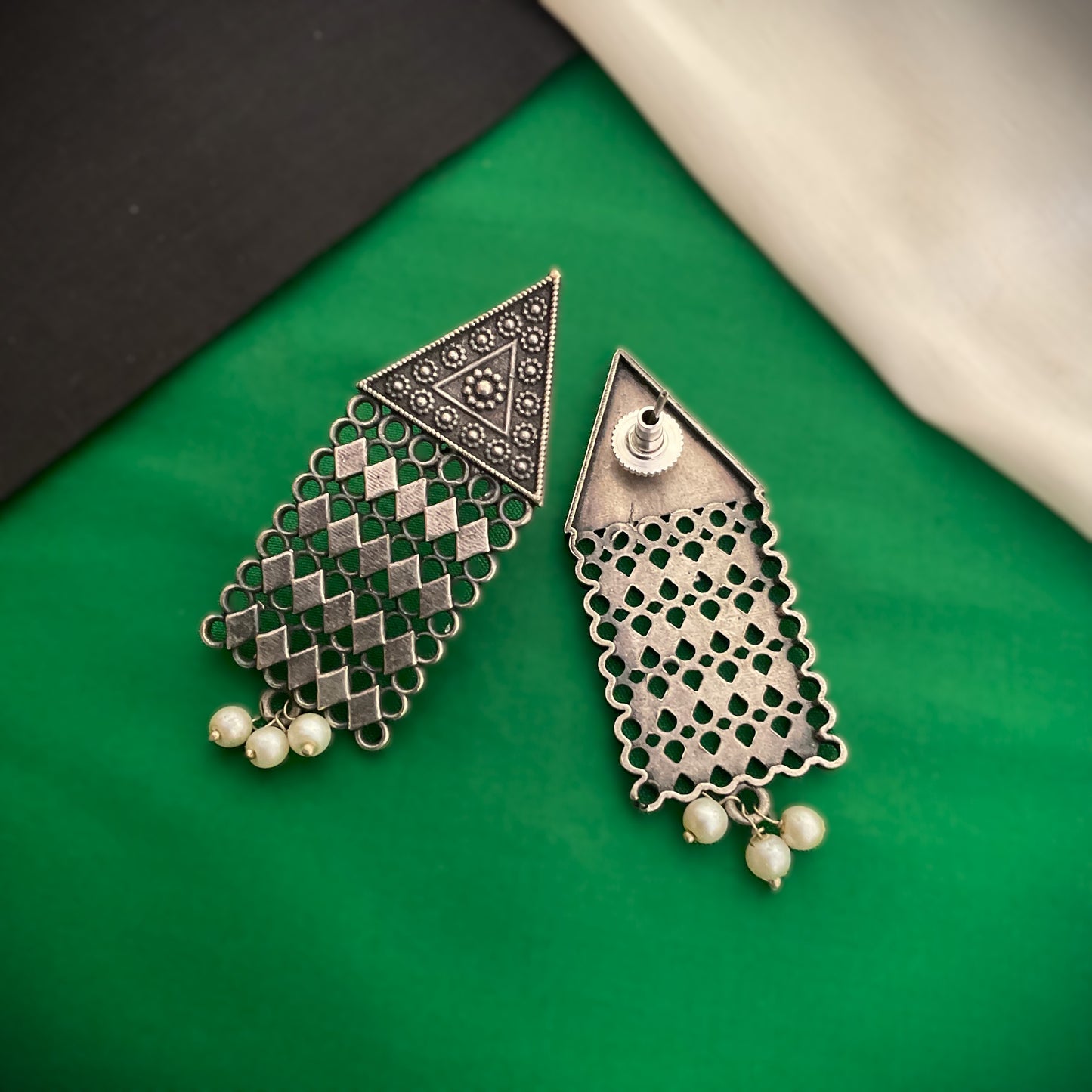 Ekisha silver plated long jaali handmade earrings