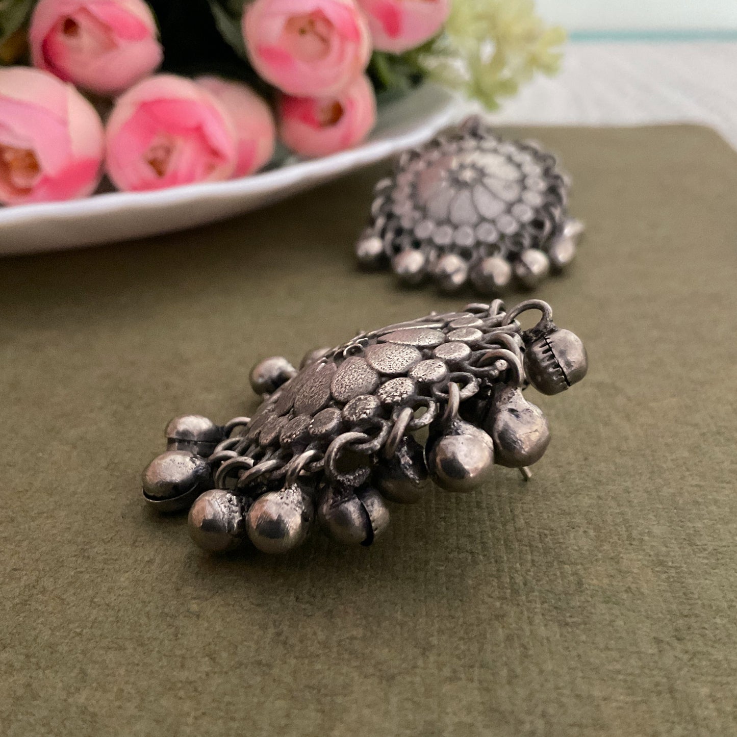 Chankra circular ghungroo silver plated stud earring for women