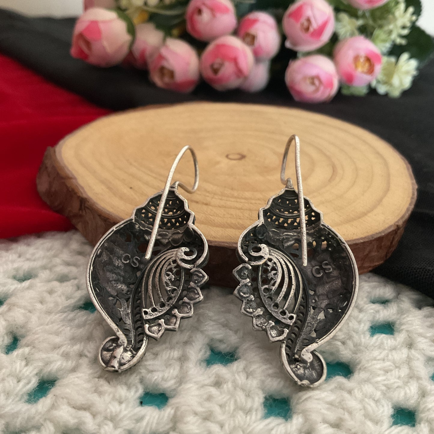 Shankh hook silver plated earrings