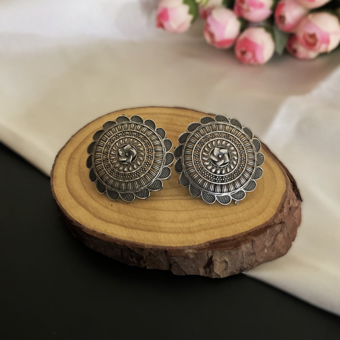 Sumitra circular carved silver plated stud earring