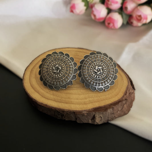 Sumitra circular carved silver plated stud earring
