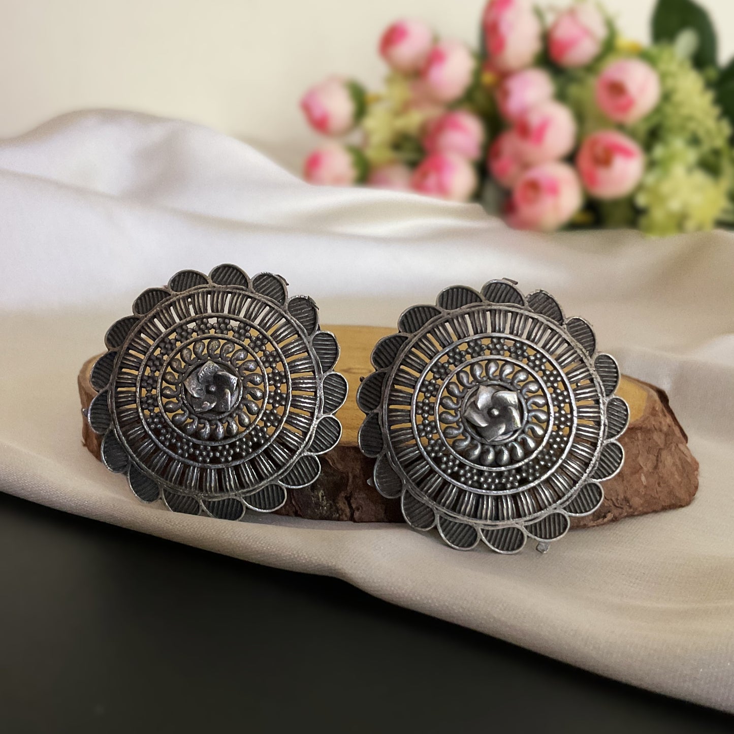 Sumitra circular carved silver plated stud earring