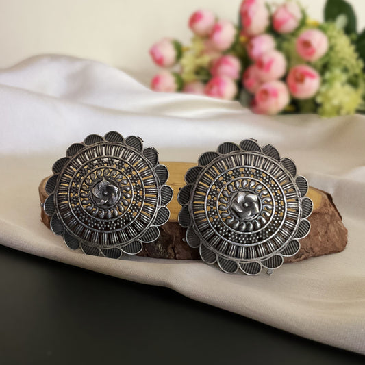 Sumitra circular carved silver plated stud earring