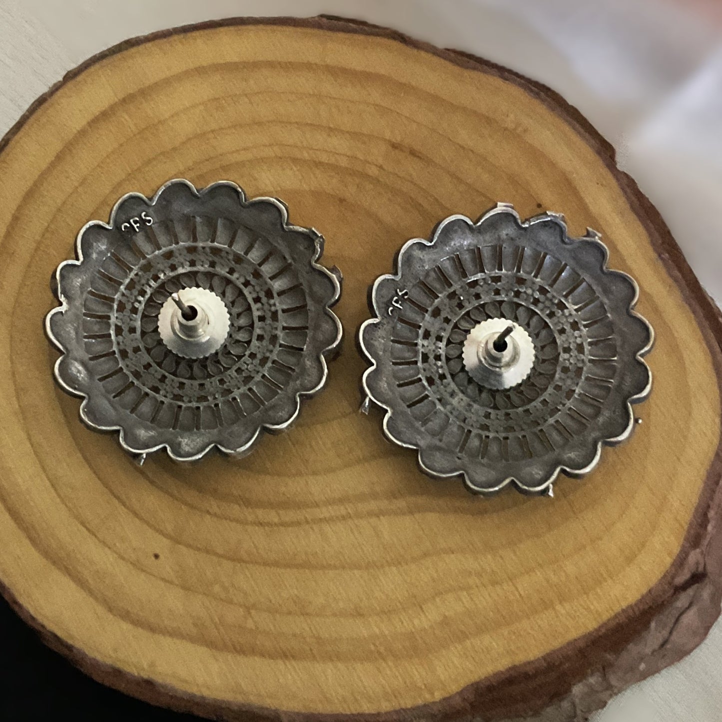 Sumitra circular carved silver plated stud earring