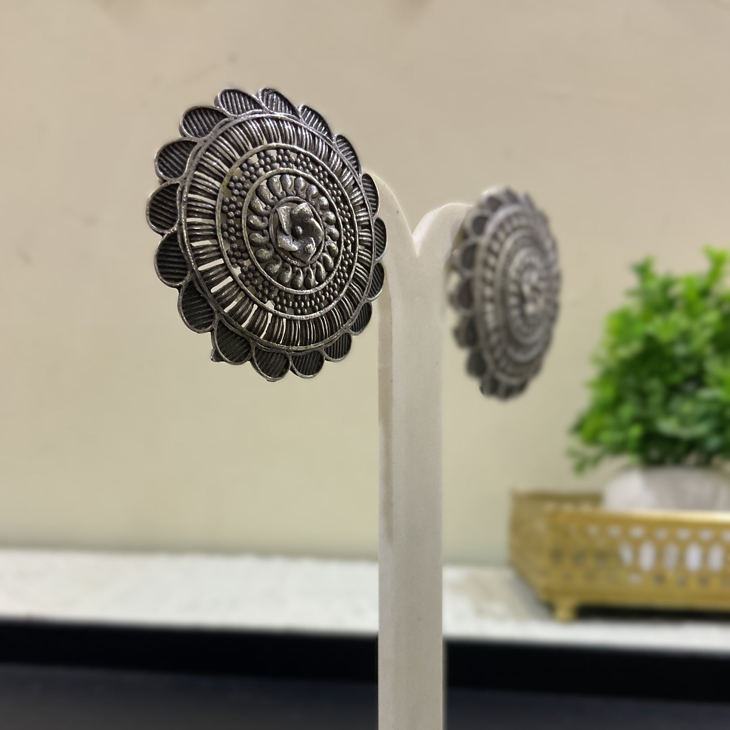 Sumitra circular carved silver plated stud earring