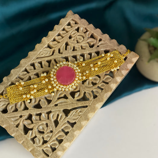 Margot pink raw stone brass gold plated chain bracelet