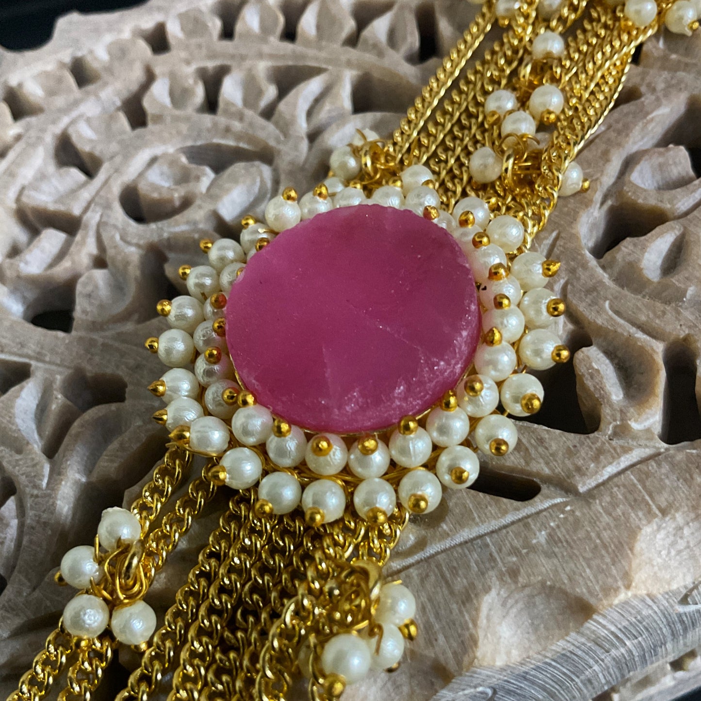 Margot pink raw stone brass gold plated chain bracelet