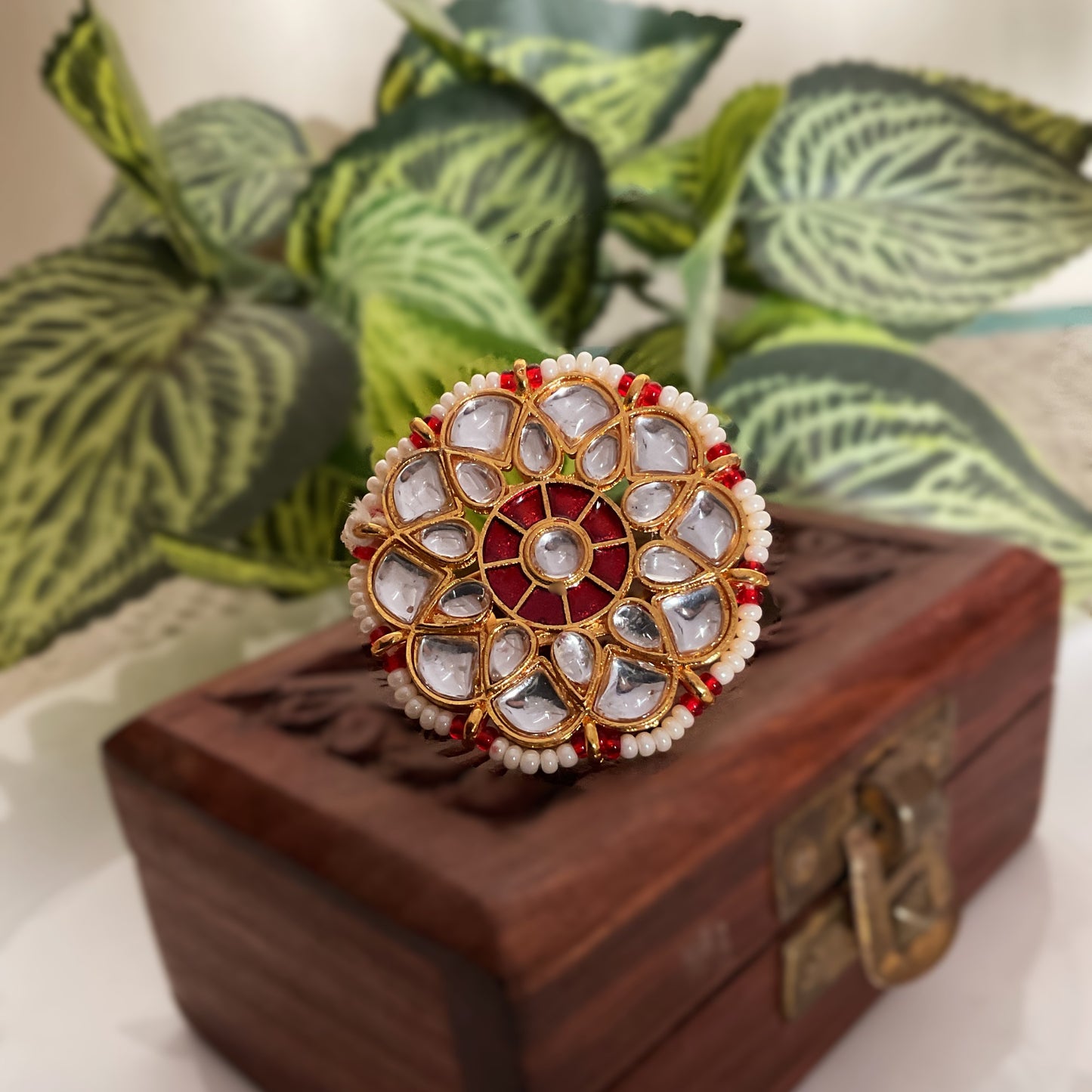 Rajeshwari red gold kundan finger ring