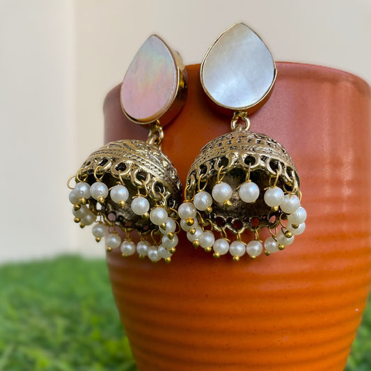 Tisca natural mop antique gold plated small jhumkis