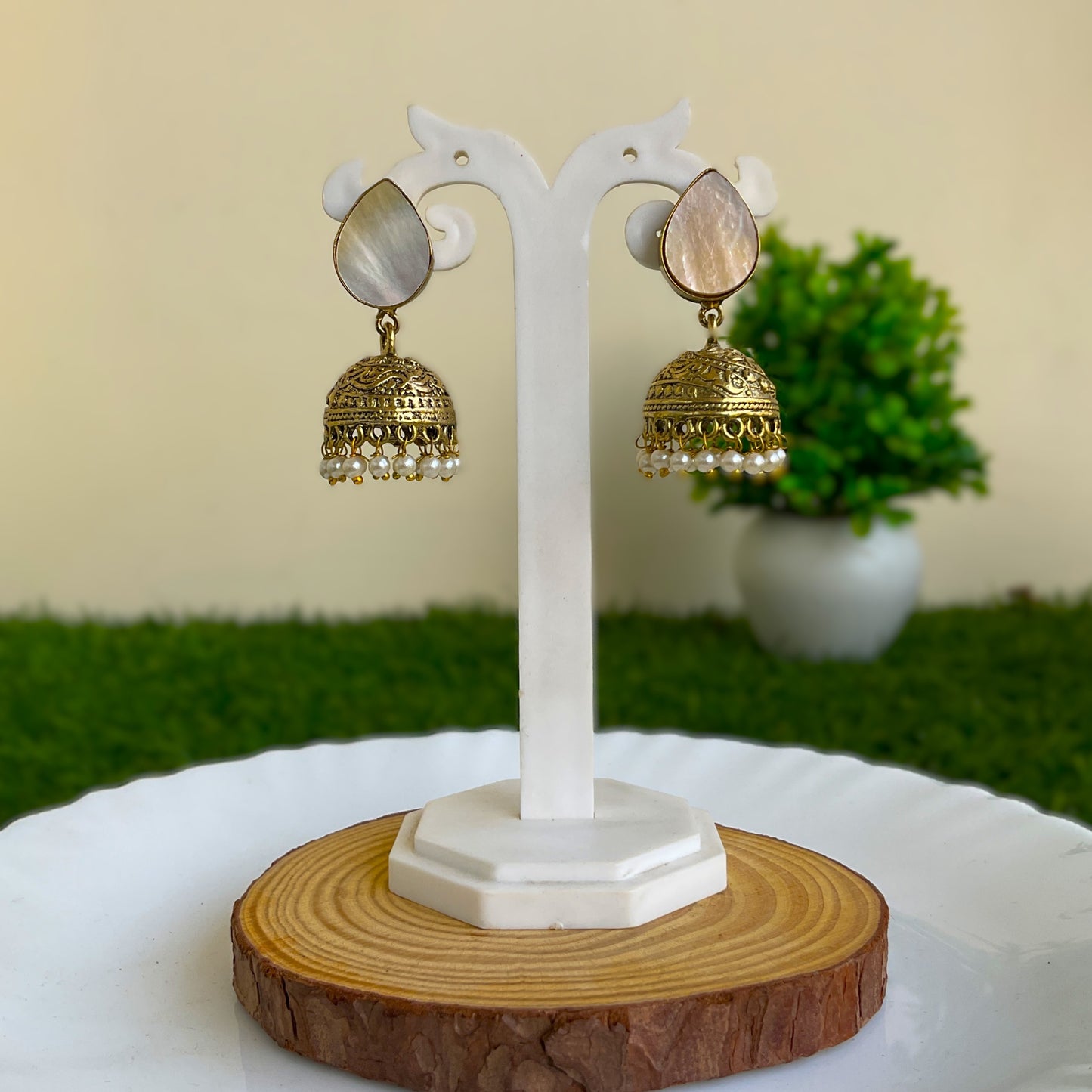 Tisca natural mop antique gold plated small jhumkis