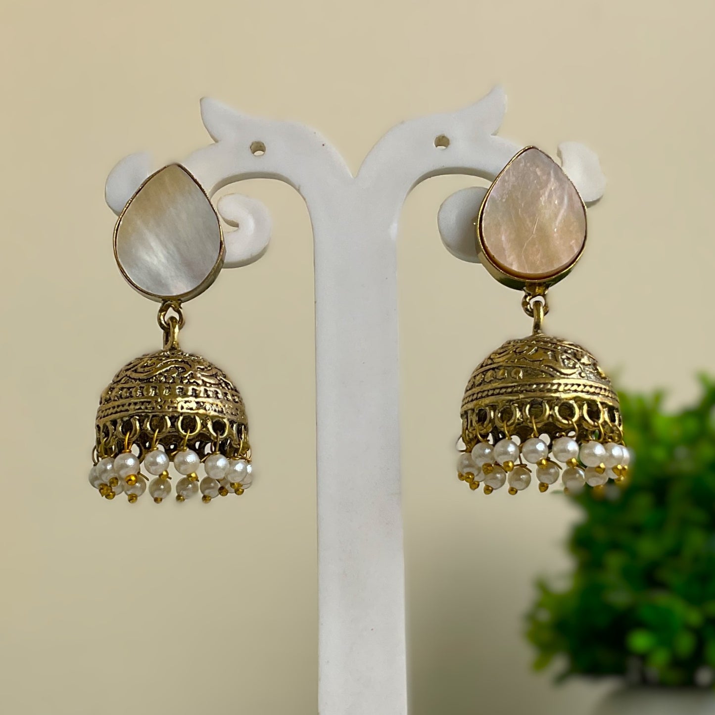 Tisca natural mop antique gold plated small jhumkis