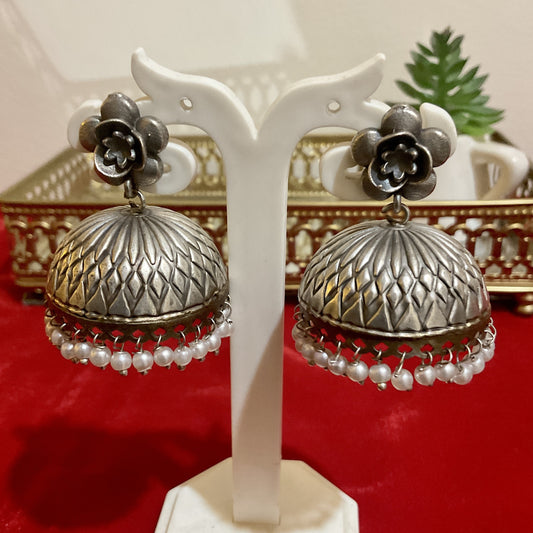 Phulwari 925 Silver Plated Floral Pearl Jhumka Earrings