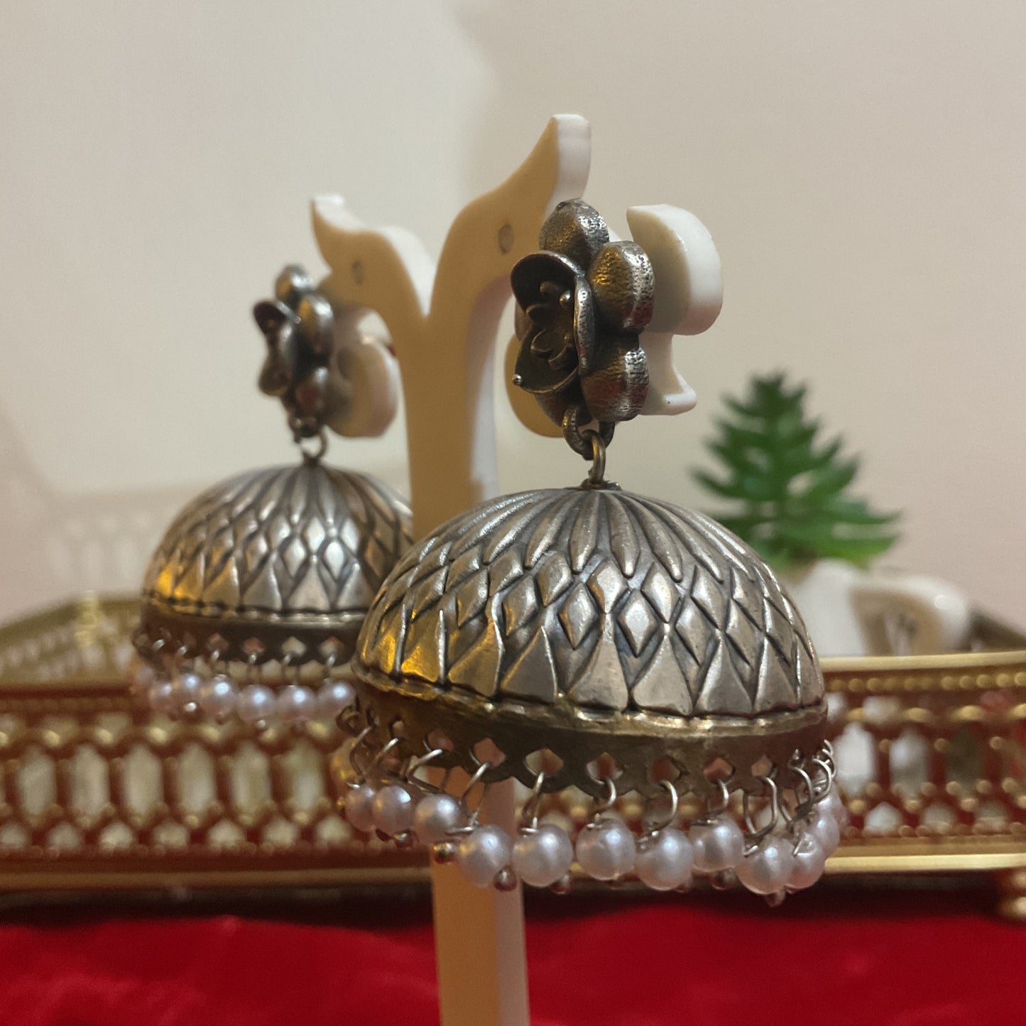 Phulwari 925 Silver Plated Floral Pearl Jhumka Earrings