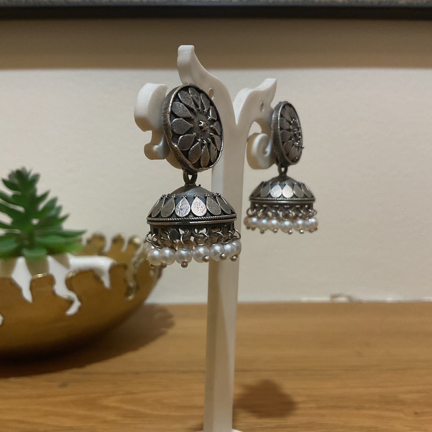 Parijat Oxidised Floral Pearl Drop Jhumka Earrings